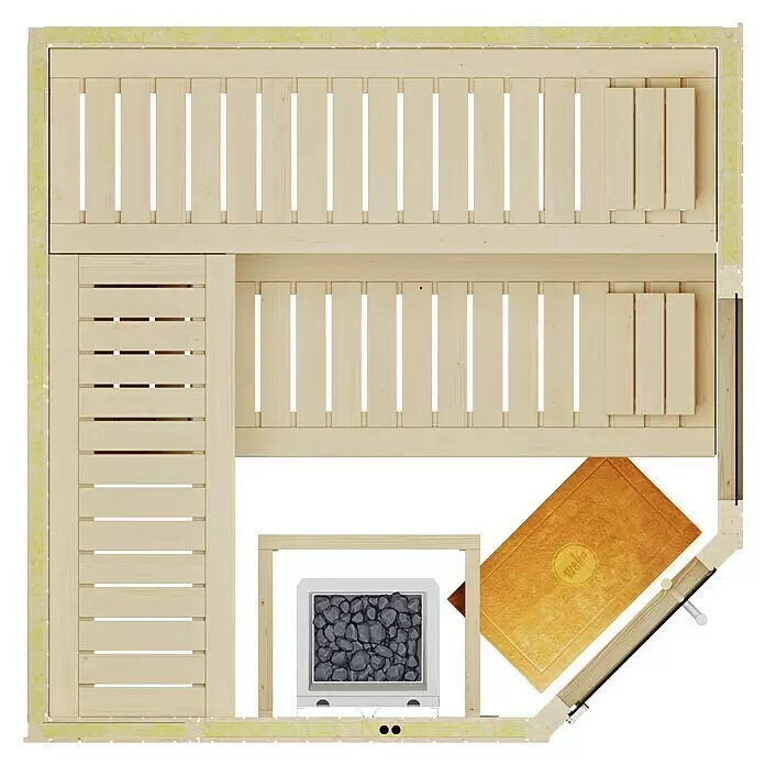 Weka Elementsauna Varberg - 7,5 kW Bio-Ofen mit externer Steuerung, L x B x H: 194 x 194 x 199 cm, Mit Fensterelement - Draufsicht einer hellen Ecksauna aus Holz mit zwei Bänken, einem Steinofen und Holzaccessoires.