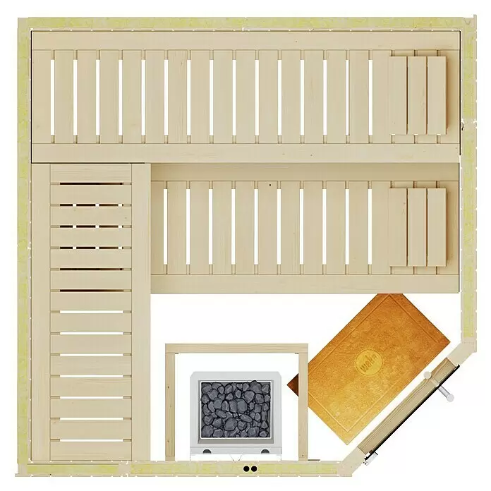 Weka Elementsauna Varberg Trend - 7,5 kW Bio-Ofen mit externer Steuerung, L x B x H: 194 x 194 x 199 cm - Draufsicht auf eine Sauna mit hellen Holzbänken, einem steinbefüllten Ofen und einer goldenen Bodenmatte.