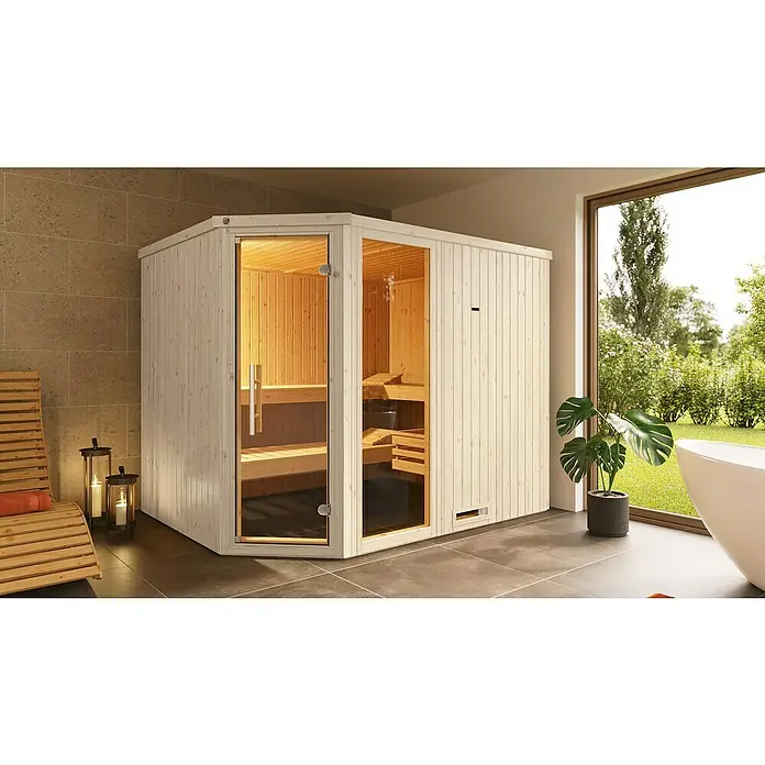 Weka Elementsauna Varberg Trend - Ohne Ofen, Mit Fensterelement, L x B x H: 194 x 244 x 199 cm - Elegante Sauna mit Glaselementen und Holzverkleidung, die ein entspannendes Wellnesserlebnis verspricht. Ideal für Ihr Zuhause.