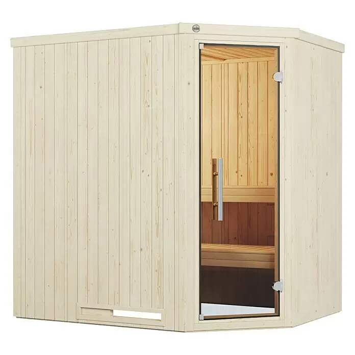 Weka Elementsauna Varberg Trend - Ohne Ofen, L x B x H: 144 x 194 x 199 cm - Helle Holz-Ecksauna mit Glastür, innen mit Holzbänken ausgestattet.
