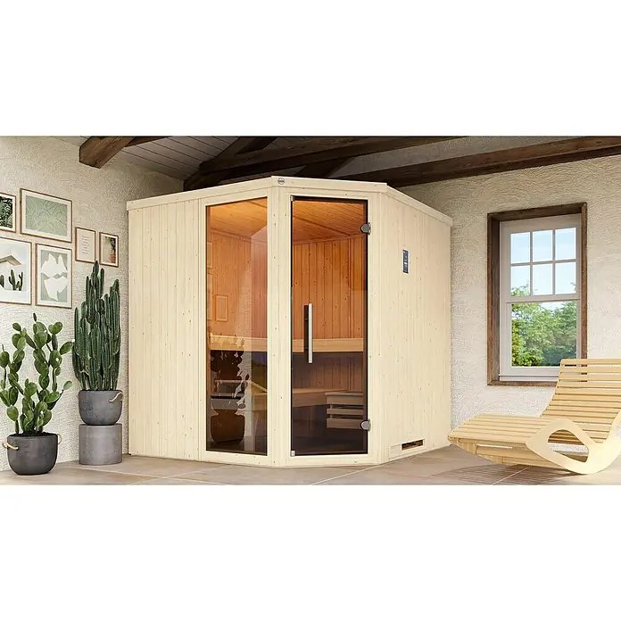 Weka Elementsauna Varberg Trend - 7,5 kW Bio-Ofen mit externer Steuerung, L x B x H: 194 x 194 x 199 cm, Mit Fensterelement - Die Abbildung zeigt eine moderne Sauna mit Glastür, die ein entspannendes Wellnesserlebnis verspricht. Perfekt für Zuhause.