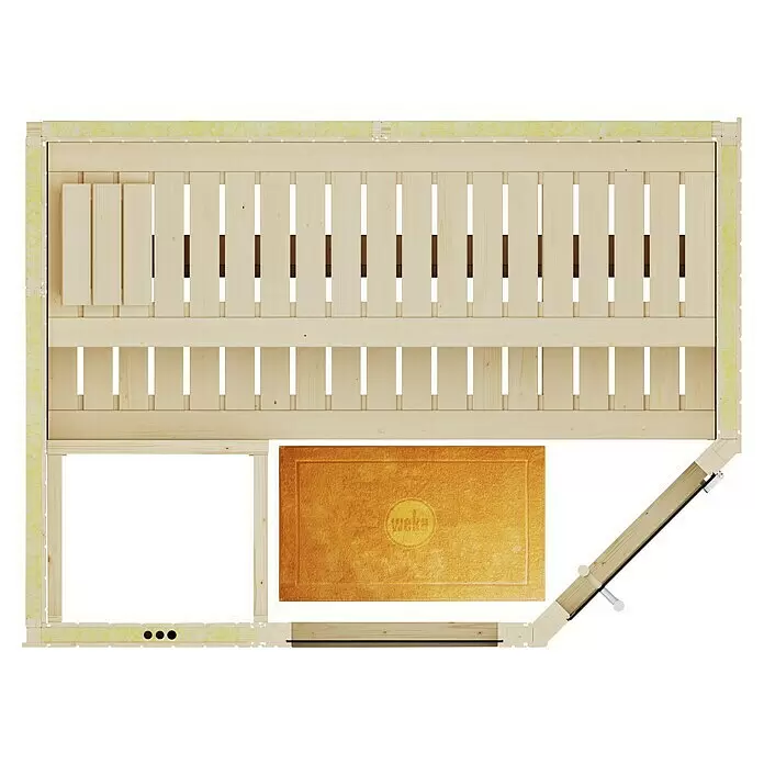 Weka Elementsauna Varberg Trend - Ohne Ofen, Mit Fenster, L x B x H: 144 x 194 x 199 cm - Draufsicht auf helles Sauna-Interieur aus Holz mit Bänken, Türöffnung und brauner Matte.