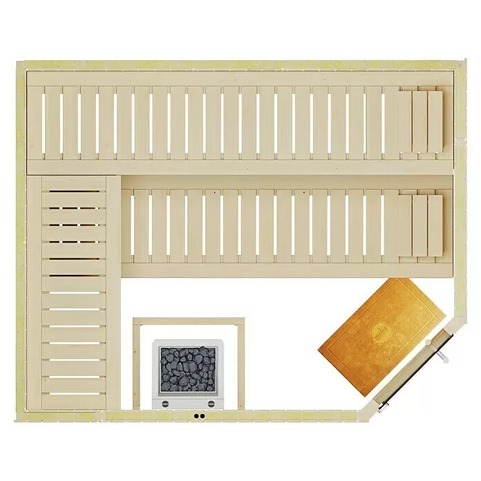 Weka Elementsauna Varberg Trend - 7,5 kW Bio-Ofen mit externer Steuerung, L x B x H: 194 x 244 x 199 cm - Draufsicht auf eine helle Holzsauna mit zwei Bänken, einem Eckofen mit dunklen Steinen und einer goldfarbenen Matte am Boden.