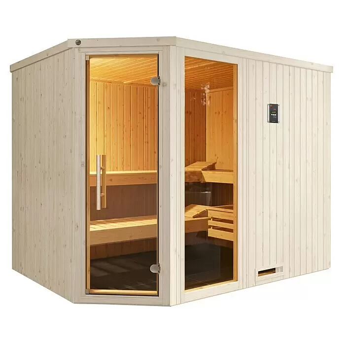 Weka Elementsauna Varberg Trend - 7,5 kW Saunaofen mit externer Steuerung, Mit Fensterelement, L x B x H: 194 x 244 x 199 cm - Moderne Saunakabine aus hellem Holz mit klarer Glastür.