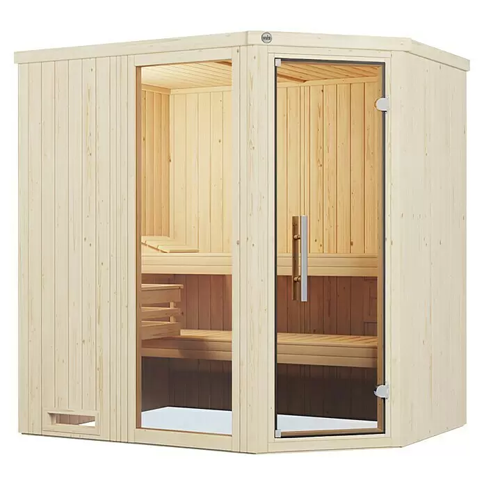 Weka Elementsauna Varberg Trend - Ohne Ofen, Mit Fenster, L x B x H: 144 x 194 x 199 cm - Leichte Holzsauna mit Glastür und sichtbaren Holzbänken innen.