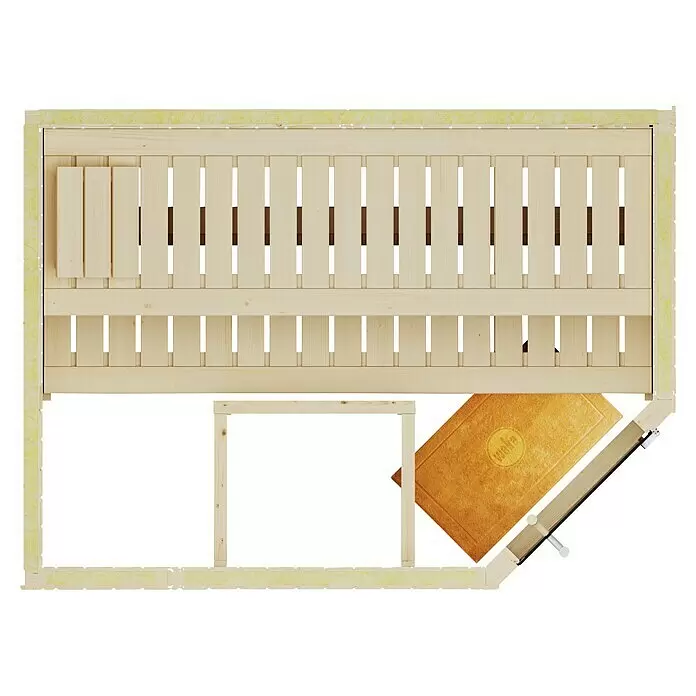 Weka Elementsauna Varberg Trend - Ohne Ofen, L x B x H: 144 x 194 x 199 cm - Helle Holzsaunabänke und -rahmen mit brauner Fußmatte.