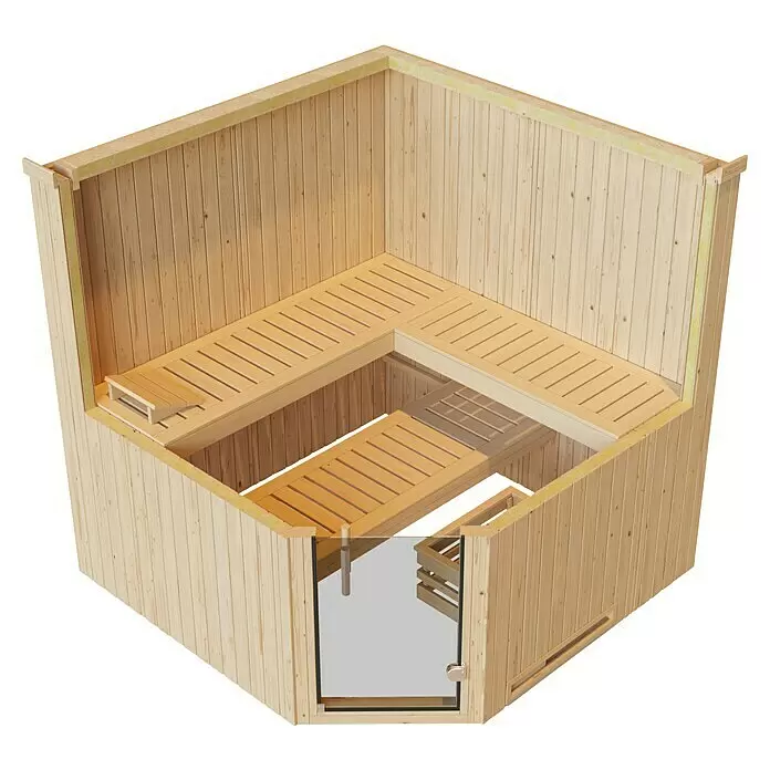 Weka Elementsauna Varberg Typ 1 - 7,5 kW Bio-Ofen mit externer Steuerung, L x B x H: 194 x 194 x 199 cm - Sauna-Innenraum aus hellem Holz mit L-förmigen Bänken und Glastür.