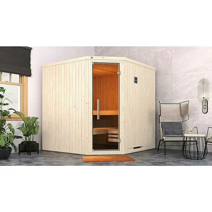 Weka Elementsauna Varberg Trend - 7,5 kW Bio-Ofen mit externer Steuerung, L x B x H: 194 x 194 x 199 cm - Innenraumansicht einer Ecksauna mit Holzausstattung, die Entspannung und Wellness in stilvollem Ambiente verspricht.