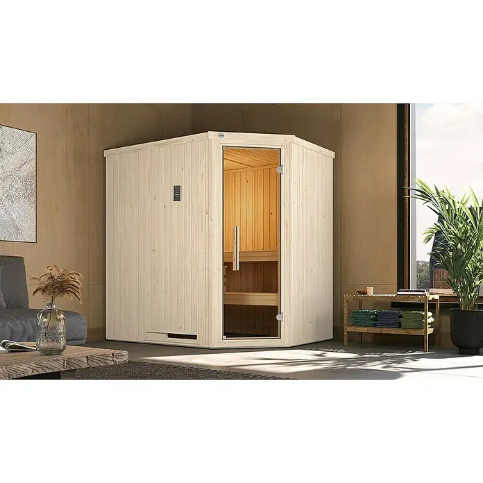Weka Elementsauna Varberg Trend - 7,5 kW Saunaofen mit externer Steuerung, L x B x H: 144 x 194 x 199 cm - Hier ist eine freistehende Sauna aus Holz mit einer Glastür, die einen warmen, entspannenden Raum für Wellness und Erholung bietet.