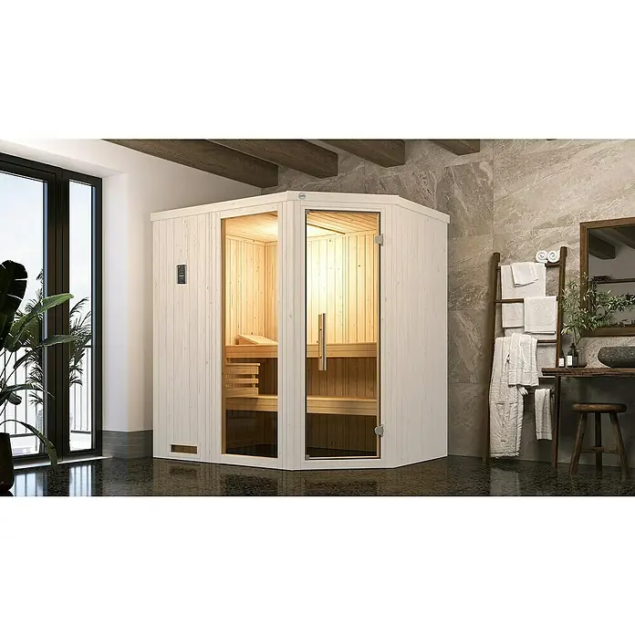 Weka Elementsauna Varberg Trend - 7,5 kW Bio-Ofen mit externer Steuerung, Mit Fenster, L x B x H: 144 x 194 x 199 cm - Eine elegante Ecksauna mit gläserner Tür, die eine entspannende Atmosphäre in jedem Badezimmer schafft. Ideal für Wellness zu Hause.