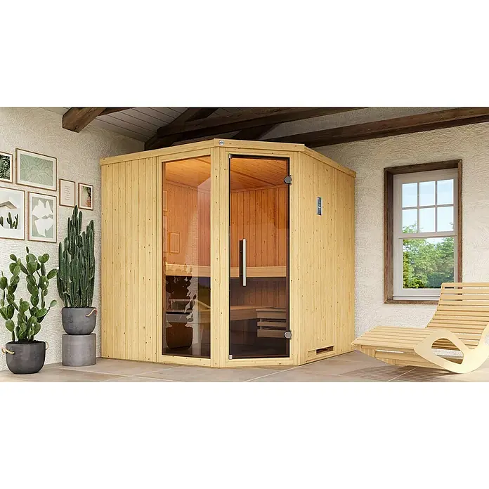 Weka Elementsauna Varberg - 7,5 kW Bio-Ofen mit externer Steuerung, L x B x H: 194 x 194 x 199 cm, Mit Fensterelement - Elegante Ecksauna mit Glastür und Holzverkleidung. Entspannung pur im eigenen Zuhause mit dieser modernen Sauna und Liegestuhl.