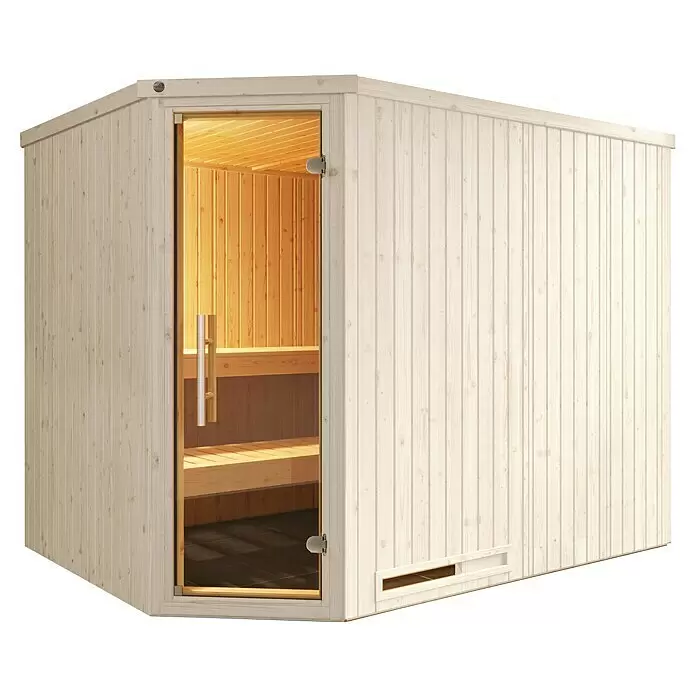 Weka Elementsauna Varberg Trend - Ohne Ofen, L x B x H: 194 x 244 x 199 cm - Helle Holzsaunakabine mit Glastür, Holzbänken und warmer Innenbeleuchtung.
