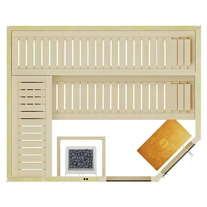Weka Elementsauna Varberg Trend - 7,5 kW Saunaofen mit externer Steuerung, Mit Fensterelement, L x B x H: 194 x 244 x 199 cm - Blick von oben auf eine L-förmige Sauna aus hellem Holz mit Bänken, einem Steinofen und einer gelben Matte.