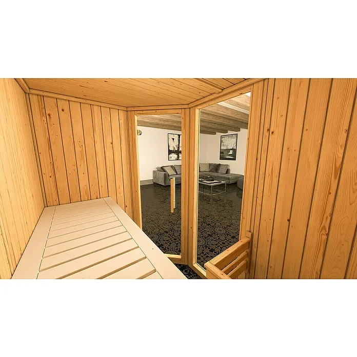 Weka Elementsauna Varberg Trend - Ohne Ofen, L x B x H: 144 x 194 x 199 cm - Einblick in eine helle Holzsauna mit angrenzendem Wohnbereich, getrennt durch eine Glastür. Die Sauna zeigt eine einladende Holzbank für Entspannung.