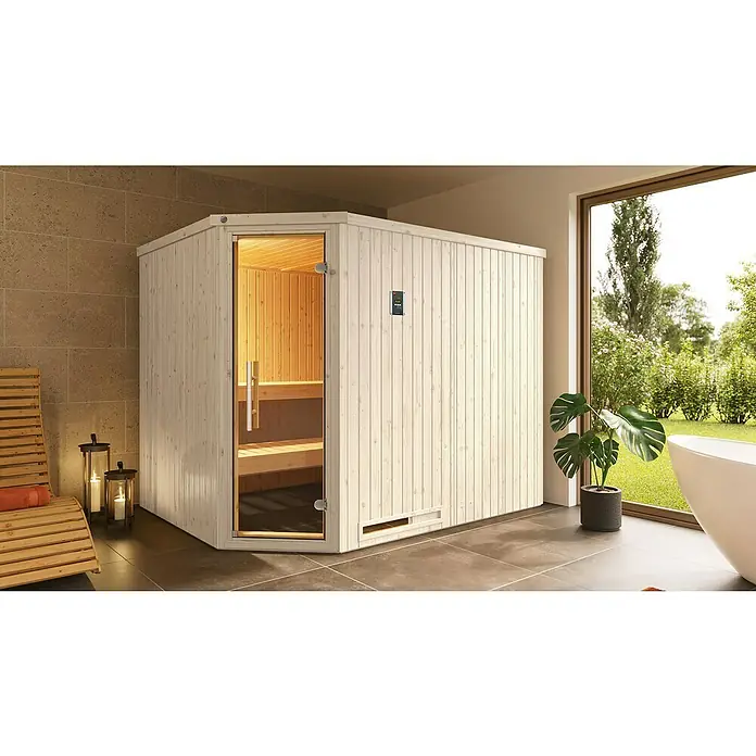 Weka Elementsauna Varberg Trend - 7,5 kW Saunaofen mit externer Steuerung, L x B x H: 194 x 244 x 199 cm - Innenansicht einer Sauna mit Holzverkleidung, Bänken und Glastür, ergänzt durch eine moderne Steuerungseinheit.