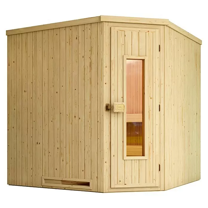 Weka Elementsauna Varberg Typ 2 - 7,5 kW Saunaofen mit externer Steuerung, L x B x H: 194 x 194 x 199 cm - Eck-Saunakabine aus hellem Holz mit verglaster Tür und Belüftung.