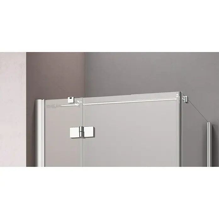 GEO Hit Eckdusche B-F300 - 80 x 80 x 200 cm, Unbeschichtet, Silber, Glasstärke: 6 mm, DIN Anschlag: Links - Nahaufnahme einer Duschkabine mit Glaspaneelen und Chrombeschlägen, die ein modernes und minimalistisches Design zeigt.