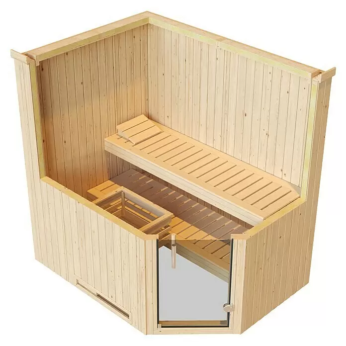 Weka Elementsauna Varberg Trend - Ohne Ofen, L x B x H: 144 x 194 x 199 cm - Helle Holzsauna innen mit zweistufigen Bänken, Ofenverkleidung und Glastür.