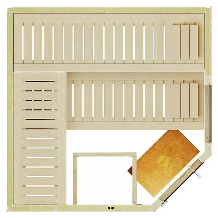Weka Elementsauna Varberg Trend - Ohne Ofen, L x B x H: 194 x 194 x 199 cm, Mit Fensterelement - L-förmiger Saunainnenraum aus hellem Holz mit Bänken, Draufsicht.