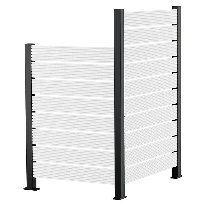 Recal Zaunpfosten Karlsdal - Höhe: 141 cm, Mittelpfosten, Mattschwarz RAL9005, Aluminium - Drei schwarze Metallpfosten, zwei mit integrierten verstellbaren Regalhaltern, einer schlicht.