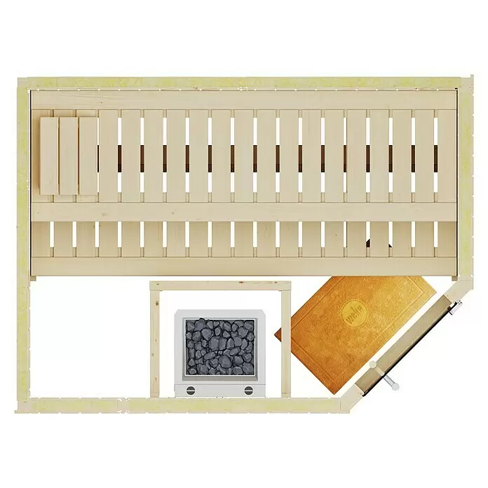 Weka Elementsauna Varberg Trend - 7,5 kW Bio-Ofen mit externer Steuerung, L x B x H: 144 x 194 x 199 cm - Draufsicht auf ein helles Holz-Sauna-Interieur mit Bänken, einem Ofen mit Steinen und einer gelben Fußmatte.