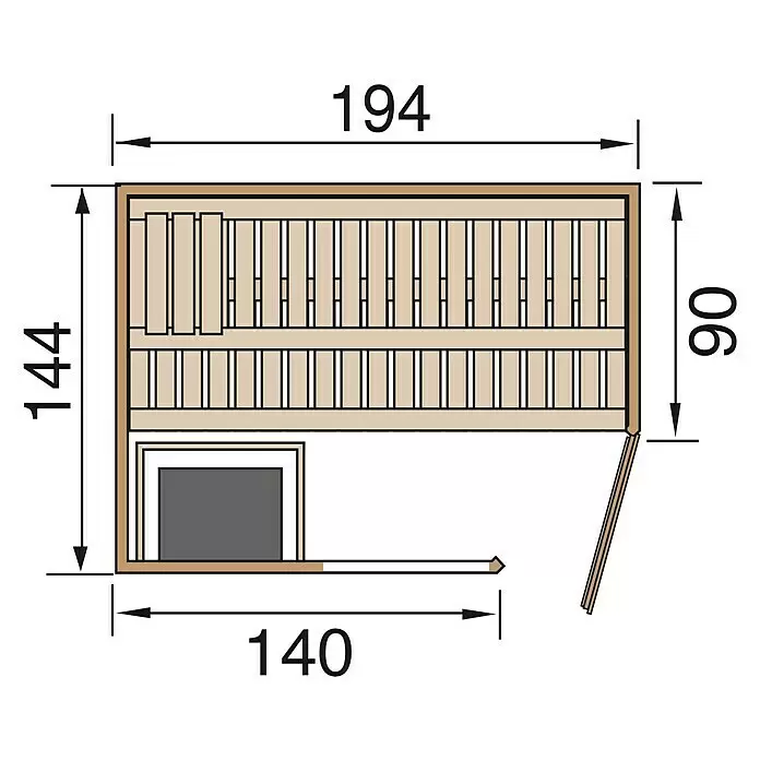 Weka Elementsauna Varberg Trend - 7,5 kW Bio-Ofen mit externer Steuerung, L x B x H: 144 x 194 x 199 cm - Draufsicht eines L-förmigen Saunagrundrisses mit Bänken, Ofen und Außenmaßen 194x144.