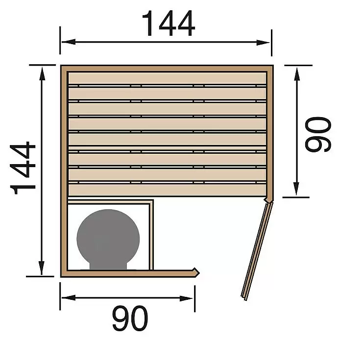 Weka Elementsauna Kiruna - 3,6 kW Bio-Ofen mit externer Steuerung, L x B x H: 144 x 144 x 199 cm - Grundriss einer Holzsauna mit L-förmigen Bänken, einem Eckofen und Maßen 144x144x90.