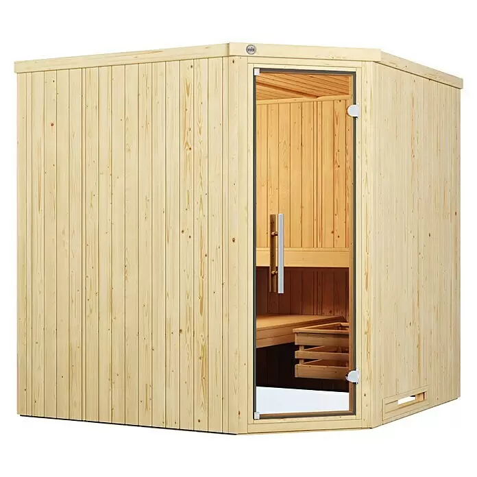 Weka Elementsauna Varberg Typ 1 - 7,5 kW Bio-Ofen mit externer Steuerung, L x B x H: 194 x 194 x 199 cm - Eck-Saunakabine aus hellem Holz mit Glastür und Innenbänken.