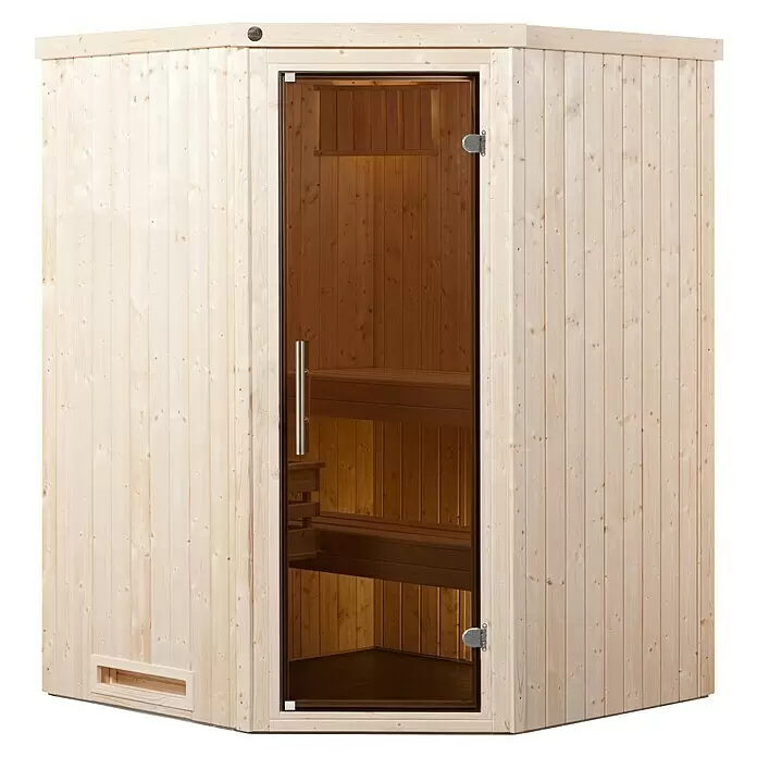 Weka Elementsauna Kiruna - 3,6 kW Bio-Ofen mit externer Steuerung, L x B x H: 144 x 144 x 199 cm - Helle Holz-Ecksauna mit getönter Glastür und Innenbänken.