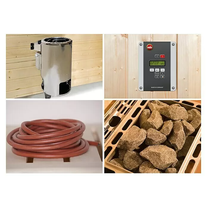 Weka Elementsauna Kiruna - 3,6 kW Bio-Ofen mit externer Steuerung, L x B x H: 144 x 144 x 199 cm - Saunaofen (Edelstahl), Weka-Bedienfeld, aufgerollter Schlauch und Saunasteine, Teil eines Saunasystems.