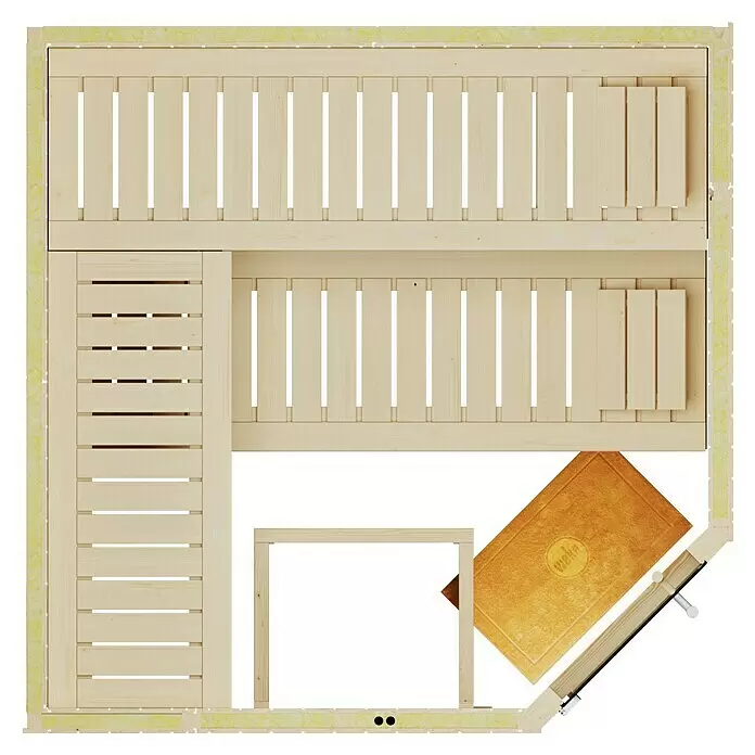 Weka Elementsauna Varberg Trend - Ohne Ofen, L x B x H: 194 x 194 x 199 cm - L-förmiger Saunainnenraum, Draufsicht, mit hellen Holzbänken und einer Lattenrostplatte. Eine Matte liegt auf dem Boden.
