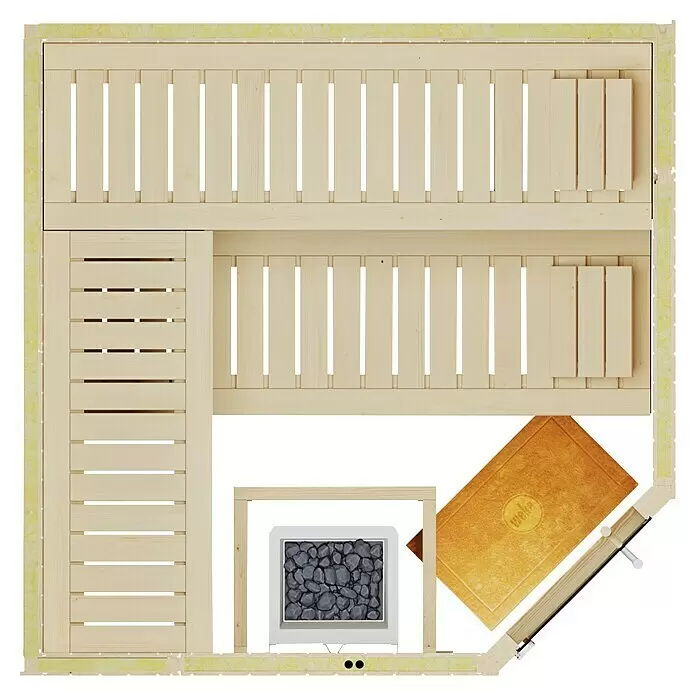 Weka Elementsauna Varberg Trend - 7,5 kW Saunaofen mit externer Steuerung, L x B x H: 194 x 194 x 199 cm - Draufsicht einer hellen Holzsauna mit L-förmigen Bänken, einem Heizgerät mit grauen Steinen und Zubehör.