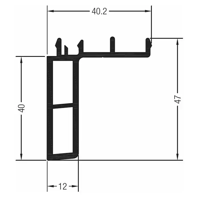 Solid Elements Fensterbankanschlussprofil - 4 x 90 cm, Passend für: Solid Elements Kunststofffenster New Basic - Profilansicht mit Abmessungen. Das Profil ist 40,2 mm breit und 47 mm hoch. Die Materialstärke beträgt 12 mm und ist ein Schlüsselelement.