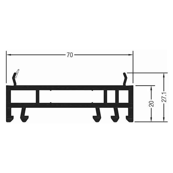 Solid Elements Verbreiterung - 2 x 135 cm, Passend für: Solid Elements Kunststofffenster New Basic - Profilansicht mit Bemaßung. Das Produkt ist schwarz und hat eine Breite von 70 und eine Höhe von 27,1. Die Höhe des unteren Teils beträgt 20.