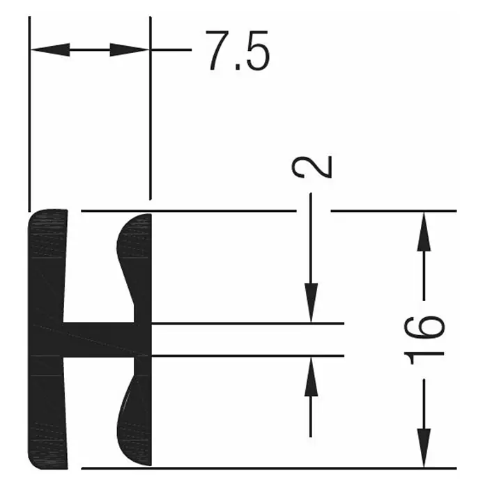 Solid Elements H-Verbindungsprofil - 1,6 x 135 cm, Passend für: Solid Elements Kunststofffenster New Basic - Technische Zeichnung eines Dichtungsprofils mit Maßen 7.5, 2 und 16. Klare Linien und präzise Angaben für Konstruktion.
