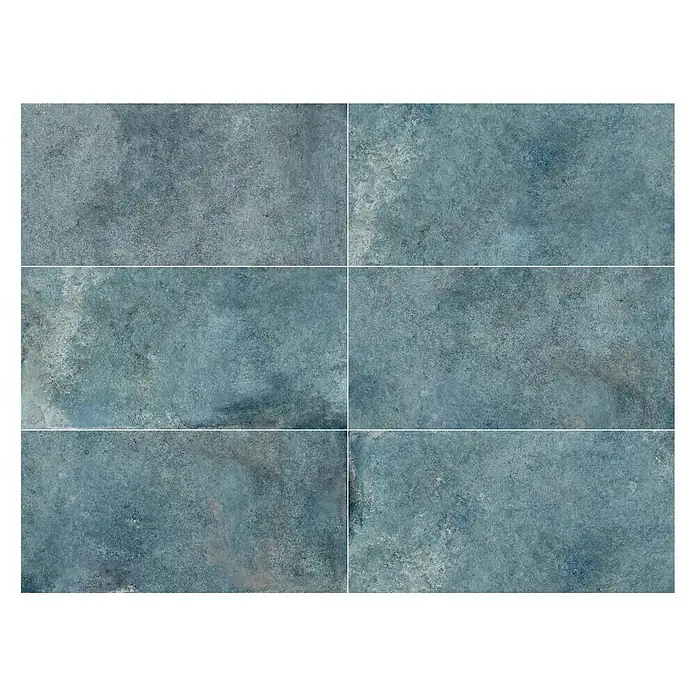 Feinsteinzeugfliese Blue Ocean - 59,7 x 119,7 cm, Blau, Matt - Nahaufnahme von sechs blauen Wandfliesen mit gesprenkelter Textur, ideal für moderne Badezimmer- und Küchengestaltungen.