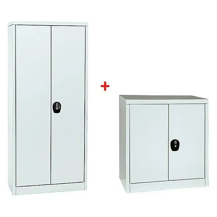 Regalux Armario multiusos metálico alto + bajo - Gris, Metal, 2 piezas - Imagen de un armario metálico blanco y un armario más pequeño que ofrecen almacenamiento y organización.