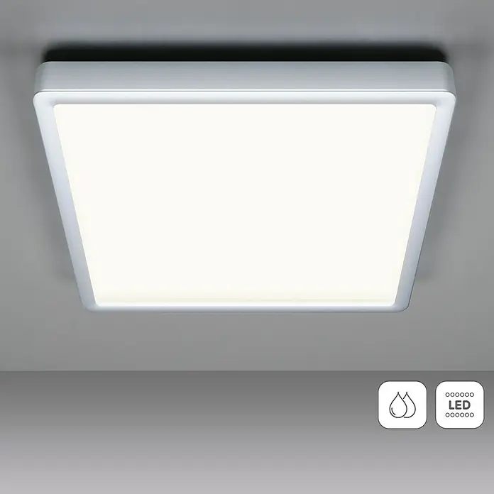 Eglo Fueva 5 LED-Deckenleuchte IP44 - 20 W, L x B x H: 28,5 x 28,5 x 2,8 cm, Chrom, Warmweiß - Quadratische LED-Deckenleuchte mit wasserfestem Design für Badezimmer und andere Feuchträume. Die Leuchte sorgt für eine helle und gleichmäßige Ausleuchtung.