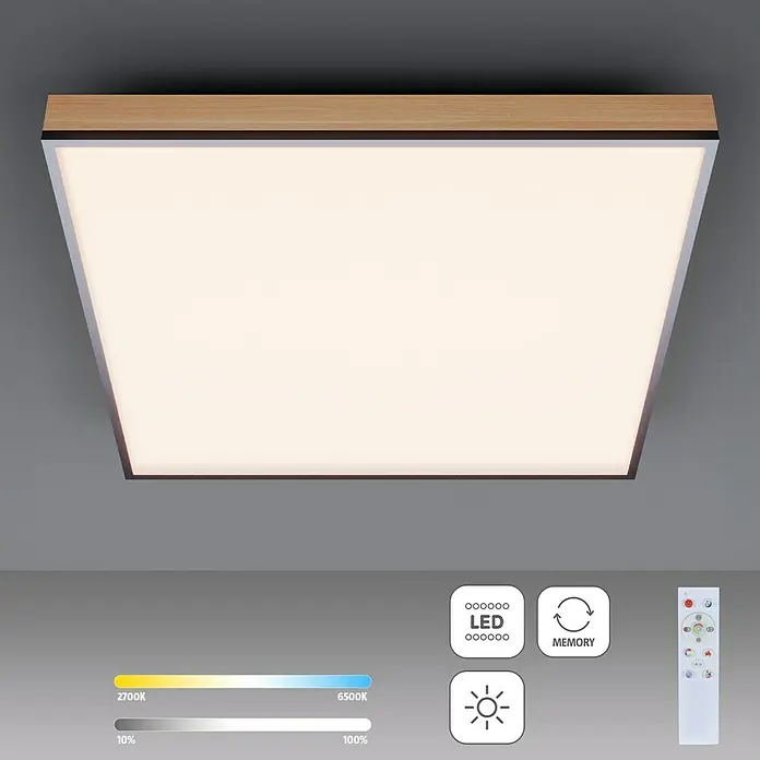 Globo Doro LED-Panel Holzoptik - 24 W, 45 x 45 cm, Holzoptik/Graphit, Mehrfarbig - Quadratische LED-Deckenleuchte mit Holzrahmen und Fernbedienung für Dimmfunktion und Farbtemperatursteuerung.
