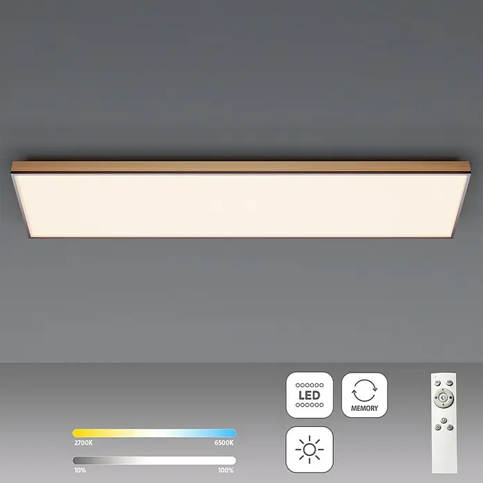 Globo Doro LED-Panel Holzoptik - 36 W, 120 x 30 cm, Holzoptik/Graphit, Mehrfarbig - Deckenleuchte mit Holzrahmen und Fernbedienung zur Steuerung der Lichthelligkeit und Farbtemperatur.