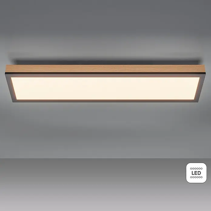 Globo Doro LED-Panel Holzoptik - 36 W, 120 x 30 cm, Holzoptik/Graphit, Warmweiß - Moderne LED-Deckenleuchte mit Holzrahmen. Die Leuchte ist rechteckig und gibt ein angenehmes, warmes Licht ab.