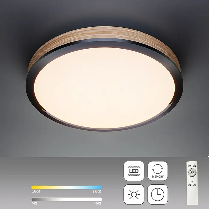 Globo Doro LED-Deckenleuchte rund Holzoptik - 24 W, Durchmesser: 45 cm, Graphit/Holzoptik, Mehrfarbig - Deckenleuchte mit Holzrahmen und Fernbedienung zur Steuerung von Helligkeit und Farbtemperatur.