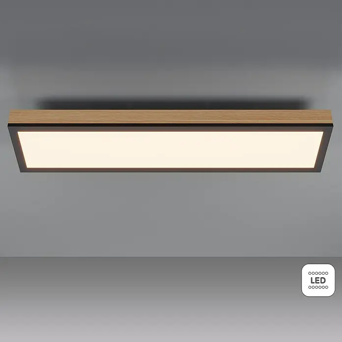 Globo Doro LED-Panel Holzoptik - 18 W, 60 x 15 cm, Holzoptik/Graphit, Warmweiß - Nahaufnahme einer LED-Deckenleuchte mit Holzrahmen und rechteckigem Design vor einem grauen Hintergrund.