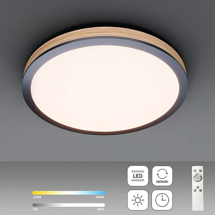 Globo Doro LED-Deckenleuchte rund Holzoptik - 40 W, Durchmesser: 60 cm, Graphit/Holzoptik, Mehrfarbig - Eine runde LED-Deckenleuchte mit Holzrahmen und Fernbedienung. Das Licht ist hell und gleichmäßig.
