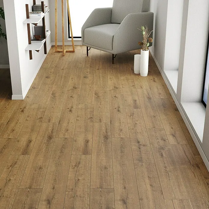 LOGOCLIC Vinylbodenmuster ElementPro Seaflower - 185 x 192 x 4 mm, Landhausdiele - Einladender Raum mit warmem Holzboden, der durch seine natürliche Maserung und Farbgebung eine behagliche Atmosphäre schafft.