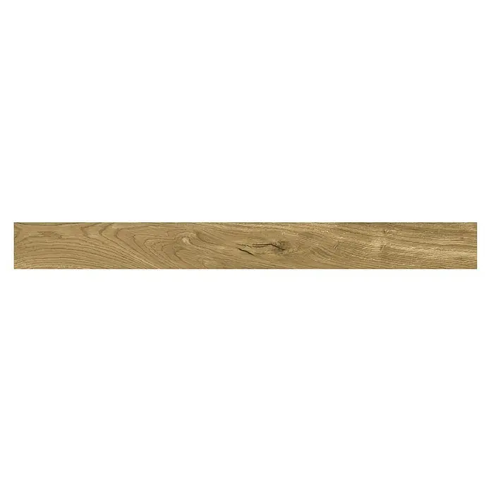 Atlas Concorde Solution Sockelfliese Twist Rovere - 7,2 x 90 cm, Beige, Matt - Nahaufnahme einer hellbraunen Holzoberfläche mit ausgeprägter Maserung und einem Astloch in der Mitte. Ideal für Hintergründe und Texturen.