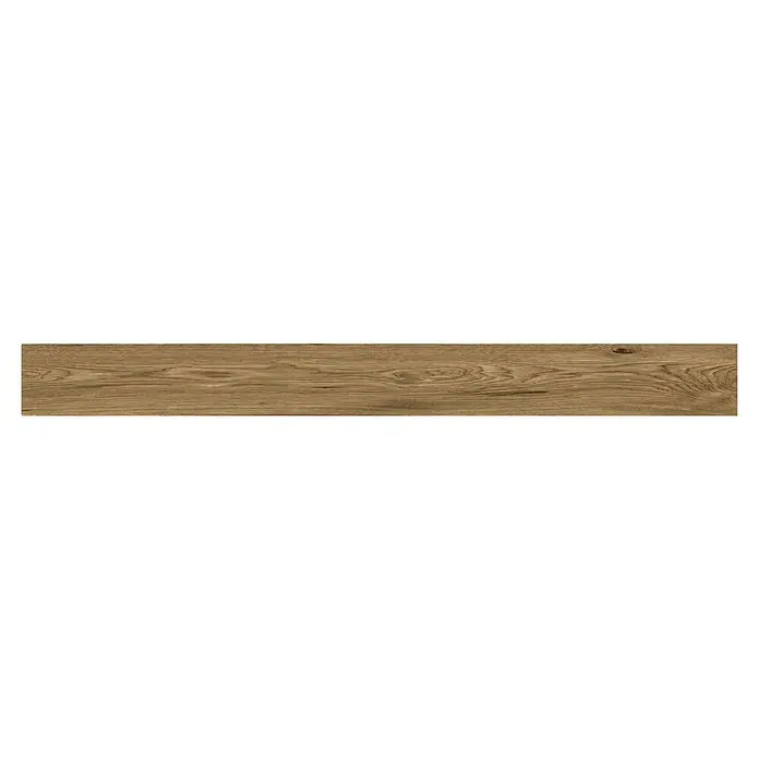 Atlas Concorde Solution Sockelfliese Whirl Natural - 7,2 x 90 cm, Braun, Matt - Nahaufnahme einer Holzplanke mit markanten Maserungen und warmen Brauntönen, ideal für rustikale Designs.