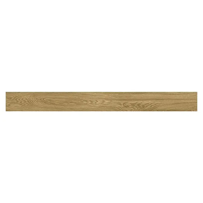 Atlas Concorde Solution Sockelfliese Twist Rovere - 7,2 x 90 cm, Beige, Matt - Holzbrett mit Maserung. Das Holzbrett ist hellbraun und hat eine deutliche, natürliche Maserung, die dem Brett eine rustikale Note verleiht.