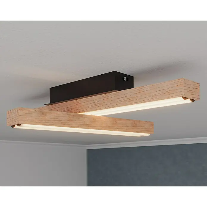 Globo Doro LED-Deckenleuchte Holzoptik - 24 W, L x B x H: 51,5 x 36,5 x 11 cm, Holzoptik/Schwarz, Warmweiß - Moderne Deckenleuchte mit Holzbalken und LED-Beleuchtung, die ein warmes und einladendes Licht erzeugt und eine stilvolle Note verleiht.
