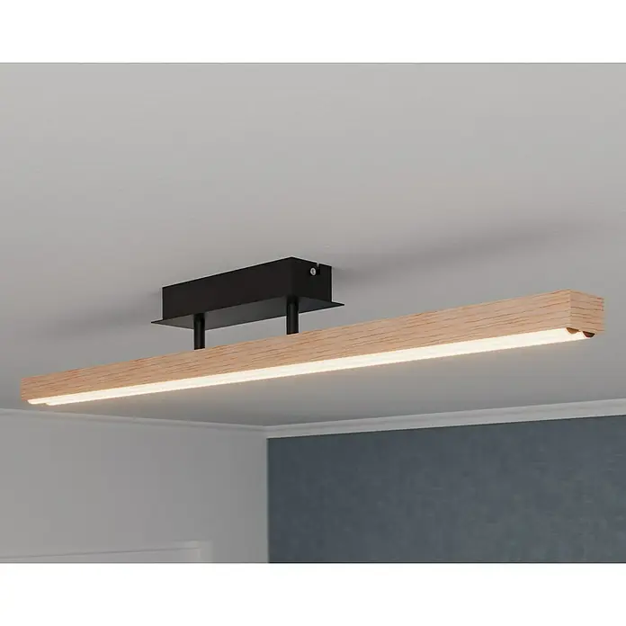 Globo Doro LED-Deckenleuchte Holzoptik - 24 W, L x B x H: 81,5 x 7,5 x 14 cm, Holzoptik/Schwarz, Warmweiß - Eine moderne Deckenleuchte mit einem Holzdetail und einer schlanken, linearen LED-Beleuchtung. Perfekt für stilvolle Innenräume.